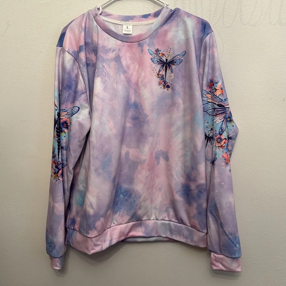 Size Large pink purple tye-dye sweatshirt Dragonfly - Picture 3 of 5